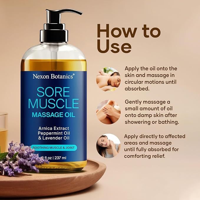 Sore Muscle Massage Oil for Massage Therapy 8 fl oz - Refreshing and Relaxing - Natural Oils with Arnica, Peppermint and Lavender Oil - for Men and Women - Nexon Botanics - Bloomnest