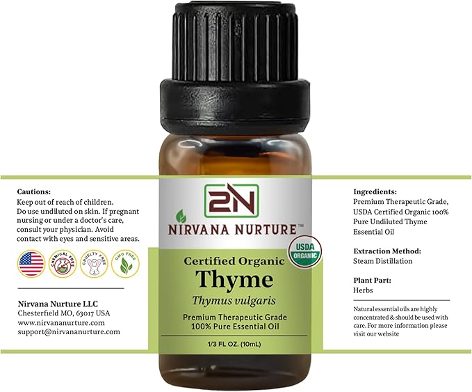Thyme Essential Oil, USDA Certified Organic, 100% Pure Undiluted, Aromatherapy Oil for Diffuser, Hair & Skin Care NirvanaNurture