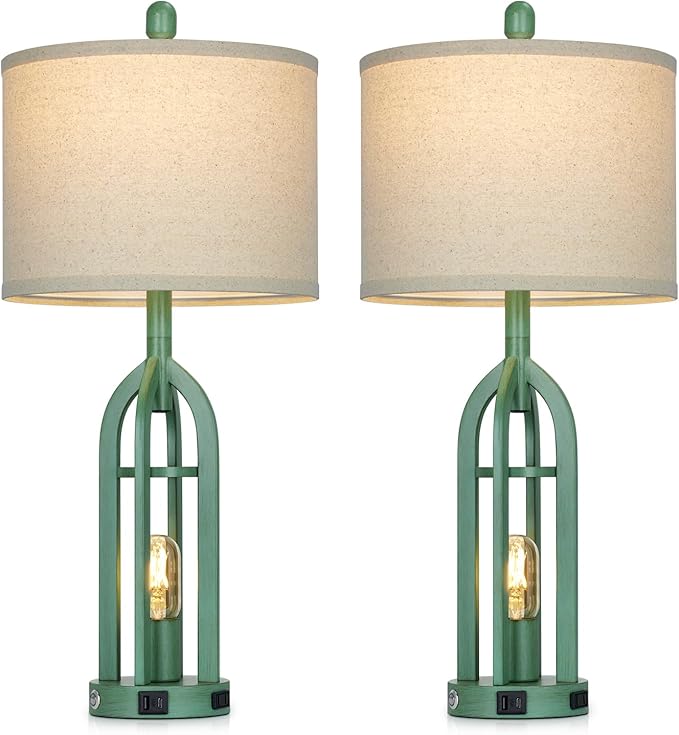 27" Tall Vintage Table Lamp Set of 2 with USB C+A & Outlet,Farmhouse Green Table Lamp for Living Room,Retro Bedside Lamps with Night Light for Bedroom Entryway,Green - Bloomnest