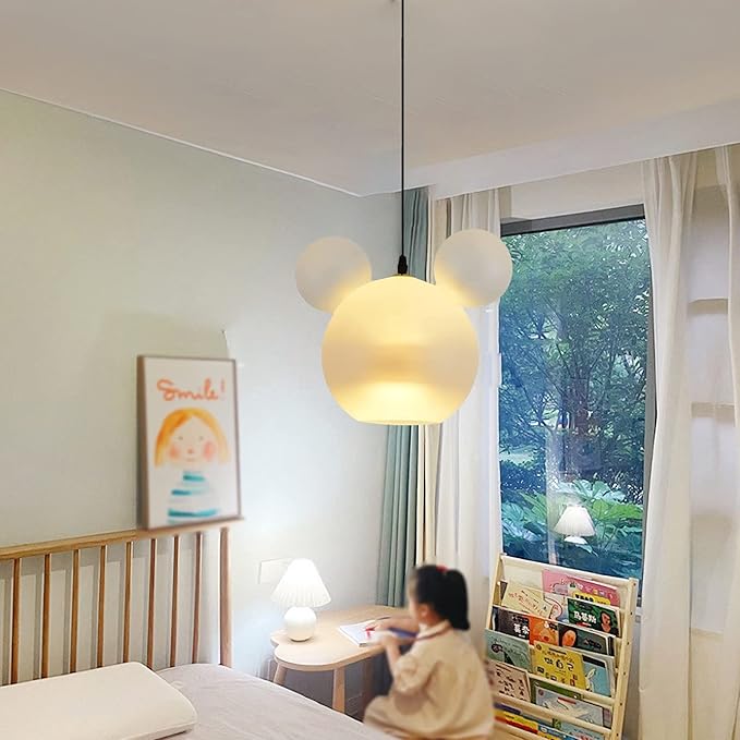 Cartoon Mouse Pendant Light Creative Personality Frosted Glass Chandelier Cute Fun Children's Bedroom Height Ceiling Lamp Shade Hanging Lights for Cafe Dining Room Bedroom, White, (001) - Bloomnest
