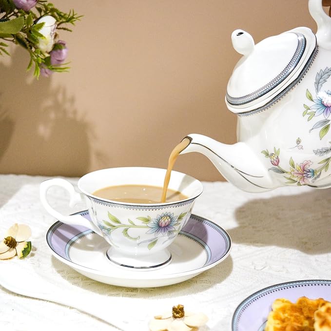 Bone China Tea Set, 21-Pieces Porcelain Tea Set for Adults, Tea Cups And Saucers for 6, with Teapot, Spoons, Sugar Bowl, Creamer Pitcher, Vintage Tea Set for Women Tea Party (Purple) - Bloomnest