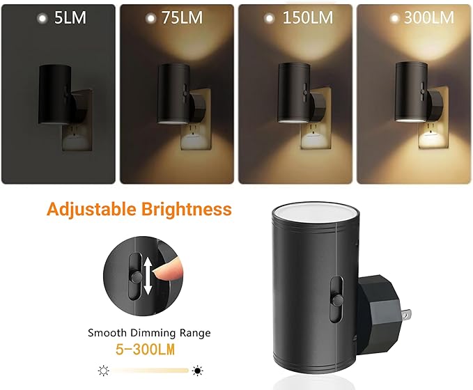 LED Night Lights Plug into Wall, Dusk to Dawn Sensor,5-300LM Adjustable Brightness, Soft White 3000K,Dimmable Night Lights for Kitchen,Hallway Bedroom,Stairs, 2 Pack - Bloomnest
