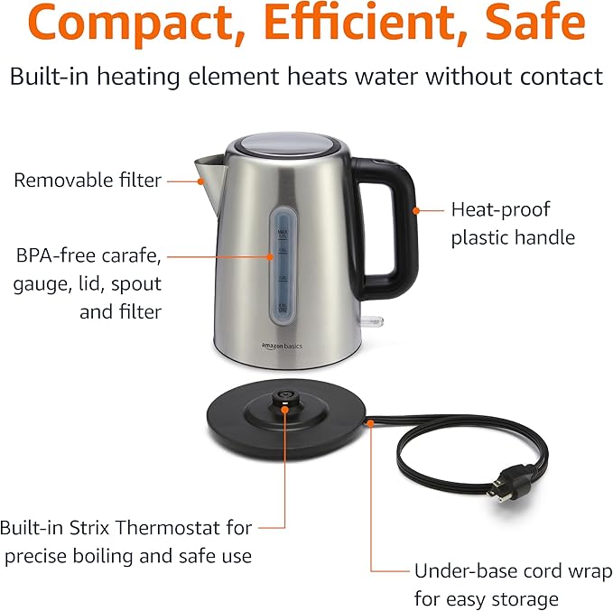 Amazon Basics Electric Stainless Steel Kettle for Tea and Coffee, BPA-Free, Fast Boiling, Auto Shut-Off, 1.8 Quarts, 1500W, Black and Silver - Bloomnest