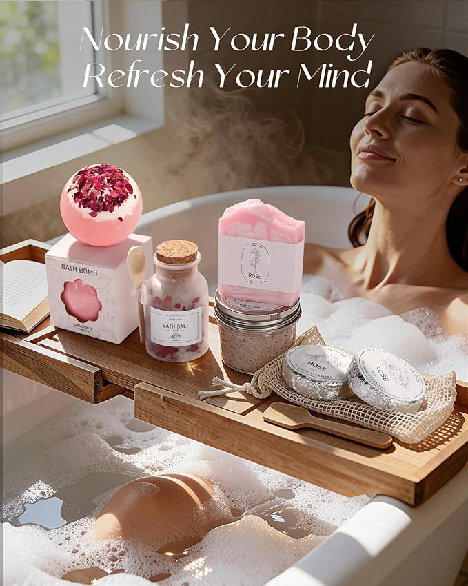 Coralogo Rose Spa Gifts for Women - 12pc Self-care Spa Gift Basket with Scented Candle, Bath Salt, Greeting Card - Thinking of You Basket for Her Birthday, Christmas, Mother's Day, Valentine's Day - Bloomnest