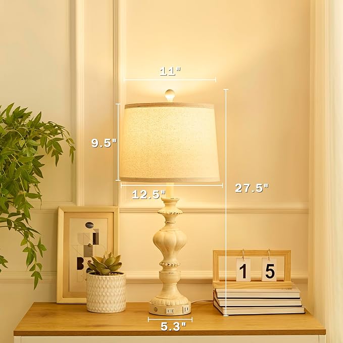 27.5" Farmhouse Table Lamps Set of 2 Bedside Nightstand Lamp with USB C+A Ports & AC Outlet, 3 Way Dimmable Touch Lamps for Bedroom Living Room Office Hallway Rustic Traditional Lamp - Bloomnest