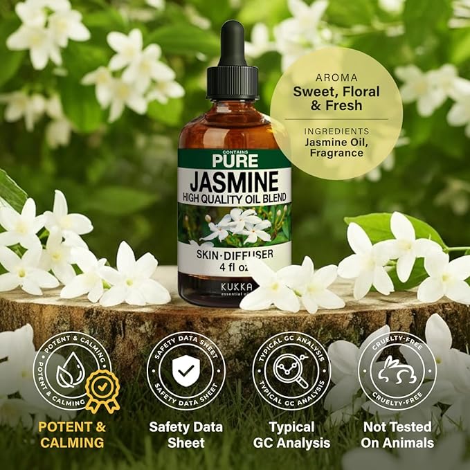 KUKKA Jasmine Essential Oils - 4 Fl Oz - for Hair, Skin, Diffuser, Aromatherapy & DIY Soap Making Scent - Bloomnest
