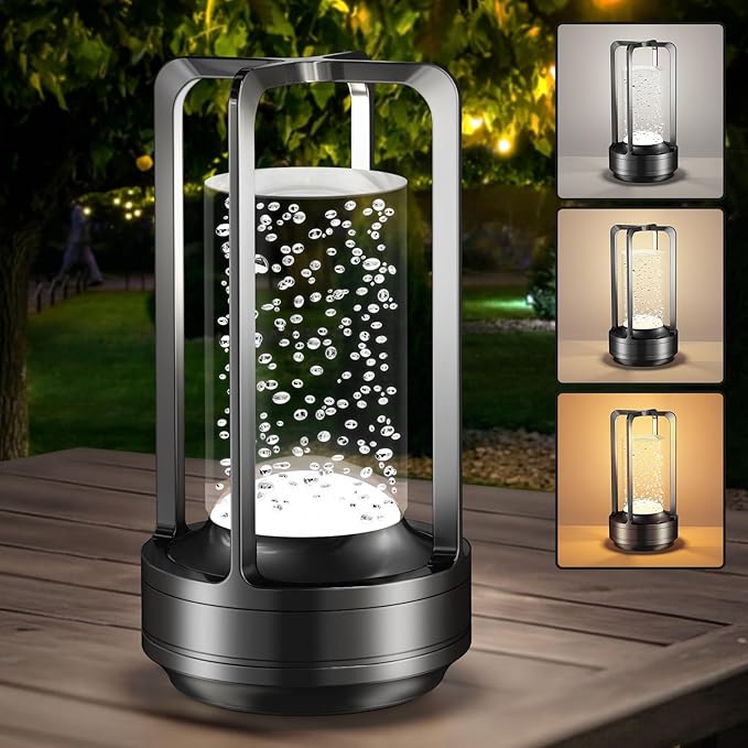 Portable Table Lamp for Outdoor Indoor: Cordless Rechargeable Desk Lamp with 3 Color Stepless Dimmable - Metal Battery Operated Small Lantern Light for Restaurant/Bedroom/Bar/Coffee Shop/Camping - Bloomnest