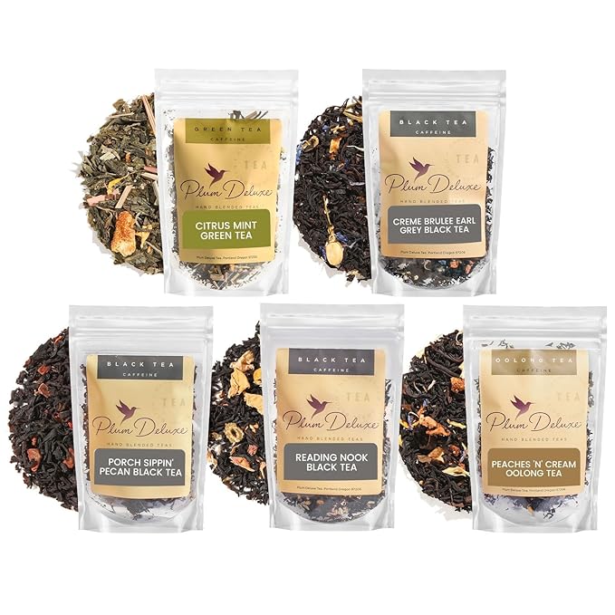 Loose Leaf Tea Sampler – 5 Caffeinated Blends Including Creme Brulee Earl Grey, Peach Oolong, Citrus Mint, Pecan and Floral Black – 75 to 100 Cups – Handcrafted in USA – Plum Deluxe - Bloomnest