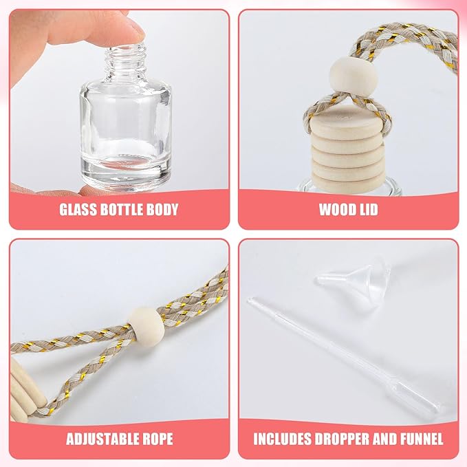 60 Pcs car Diffuser Bottle Set with Wooden Caps,Dropper and Funnel, Empty Glass car air freshener Bottle Bulk Hanging Essential Oil Fragrance Pendants for Car Decor，Can DIY Car Air Freshners Diffuser - Bloomnest