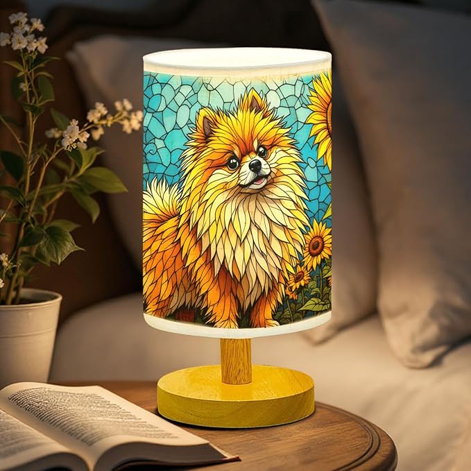 Pomeranian Table Lamp LED 3-Color Pressed Bedside, Dog Shade Lamp with Wood Base for Bedroom Living Room Desk Office - Bloomnest