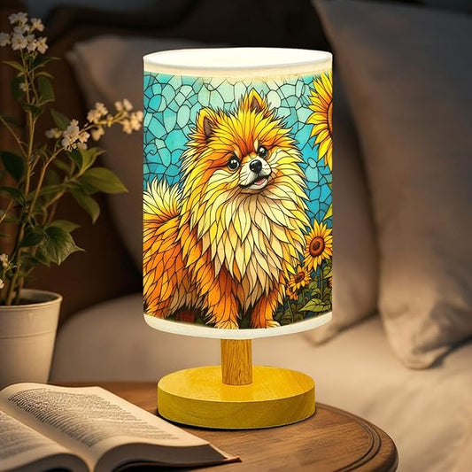 Pomeranian Table Lamp LED 3-Color Pressed Bedside, Dog Shade Lamp with Wood Base for Bedroom Living Room Desk Office - Bloomnest