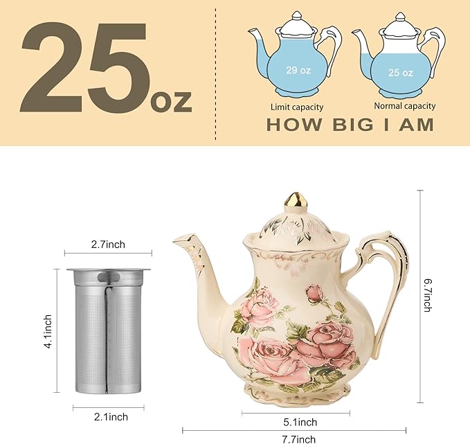 YOLIFE Teapot, Vintage Ivory Ceamic Tea Pot with Infuser, Floral Teapot Pink Rose with Gold Trim - 25oz /3 Cups - Bloomnest
