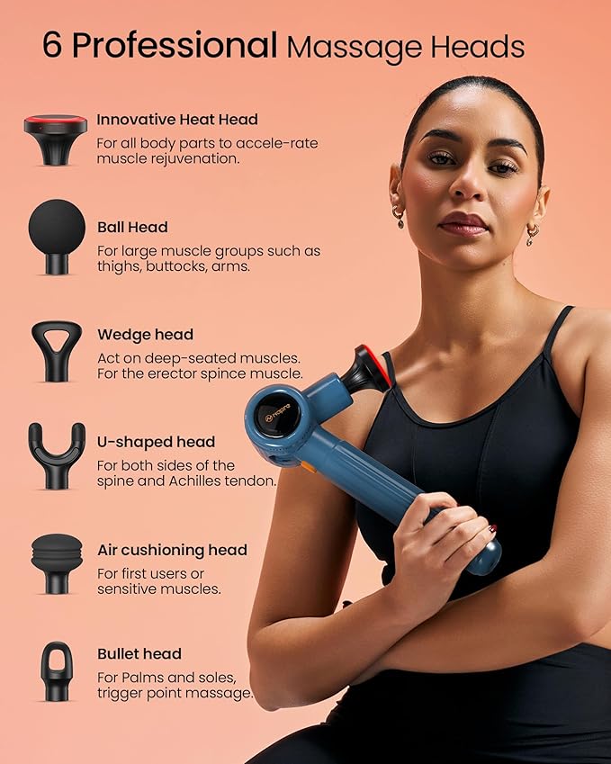NAPRE Massage Gun with Heat,Massage Gun Deep Tissue with Extension Handle & 3 Adjustable Angles,Handheld Percussion Back Massager for Muscle/Neck/Body Pain Relief with Portable Case,Blue - Bloomnest
