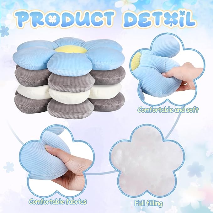 Reginary 4 Pcs Flower Floor Pillows Cute Plush Flower Throw Pillows Daisy Floor Seat Cushion Chair Pads for Christmas First Day of School for Sofa Couch Bed Decor(15 Inch,Gray, Blue, White) - Bloomnest