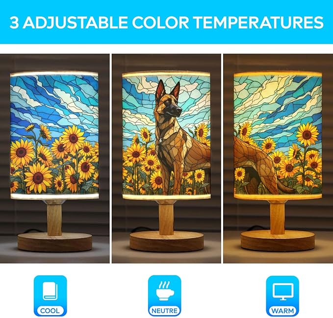 Belgian Malinois Table Lamp LED 3-Color Pressed Bedside, Dog Shade Lamp with Wood Base for Bedroom Living Room Desk Office - Bloomnest