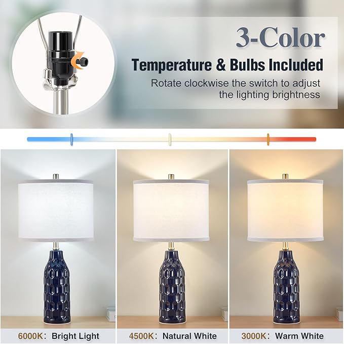 Luvkczc 24.8" Ceramic Table Lamps Set of 2 for Nightstand - 3 Color Temperature&Bulbs Included, Bedside Lamps for Living Room Bedroom Home Office Table Decor, Navy Blue - Bloomnest