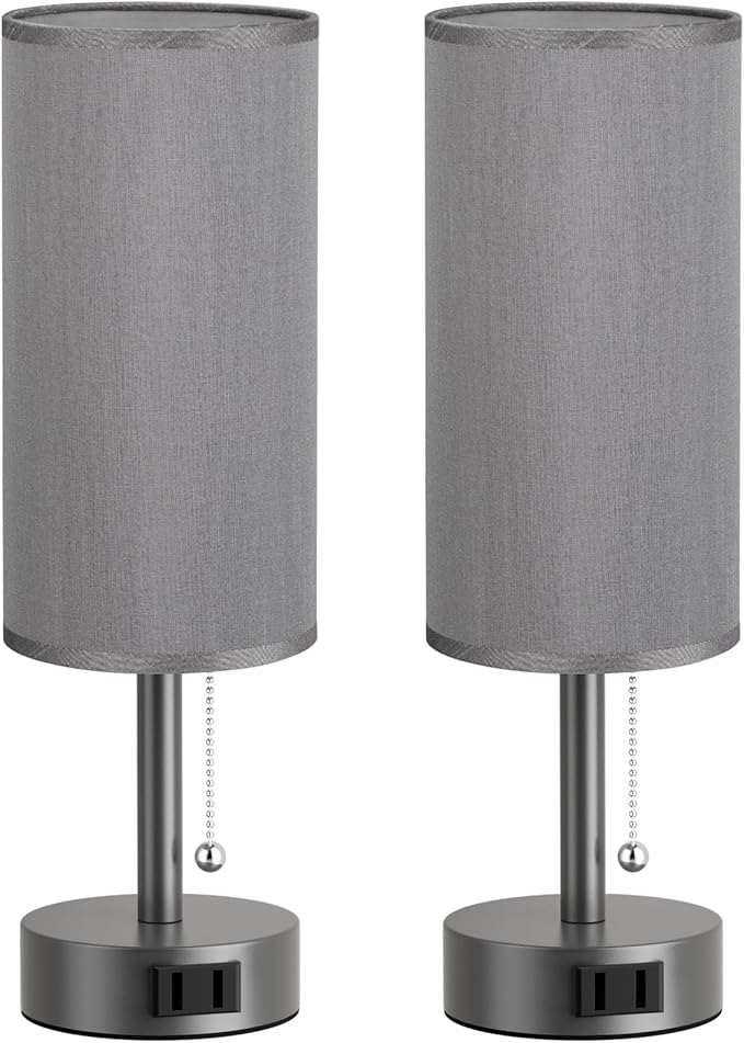 Fenmzee Dark Grey Bedside Table Lamps Set of 2-3 Color Temperatures Pull Chain Lamp with AC Outlet Charging Port, Small Round Night Stand Lamps for Bedroom, Bed Side Light with E26 LED Bulbs - Bloomnest