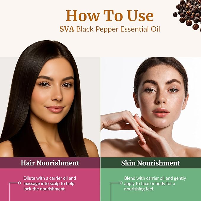 SVA Black Pepper Essential Oil – 4 Fl Oz – 100% Natural Black Pepper Oil - for Diffuser, Hair Care, Face, Skin Care, Aromatherapy, Scalp and Body Massage, Soap and Candle Making – with Dropper - Bloomnest