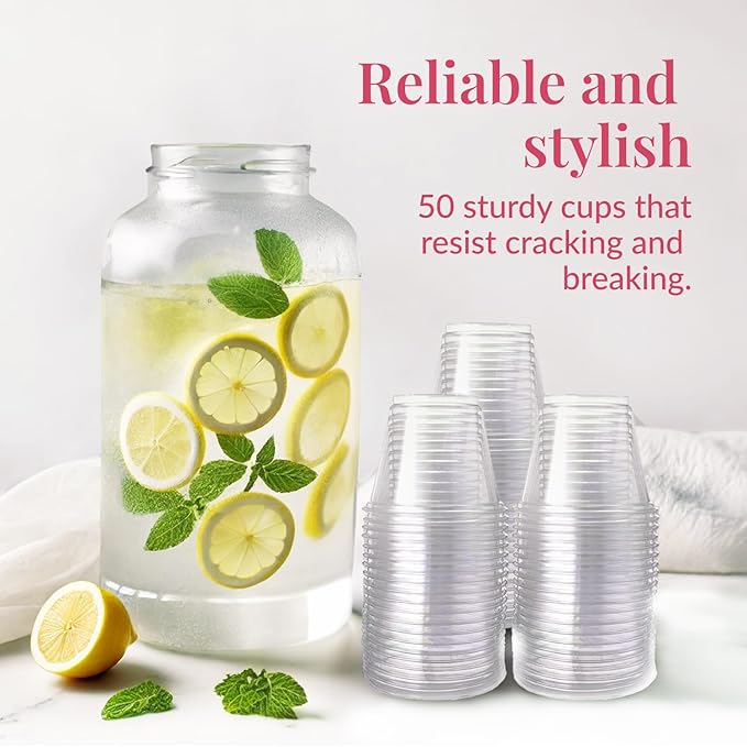 Prestee 50-Pack Clear Plastic Party Cups - 9 oz Clear Plastic Cups for Cold Beverages, Cocktails, Smoothies, Wine, and Desserts - Durable Disposable PET Cups for Gatherings, Events, and Catering - Bloomnest