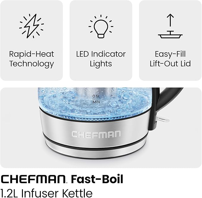 CHEFMAN Electric Kettle - 1.2L 1500W Hot Water Tea Pot with Infuser, BPA Free, Auto Shut Off, Boil-Dry Protection, Removable Lid, LED Light, Cordless Glass Electric Tea Kettle – Stainless Steel - Bloomnest