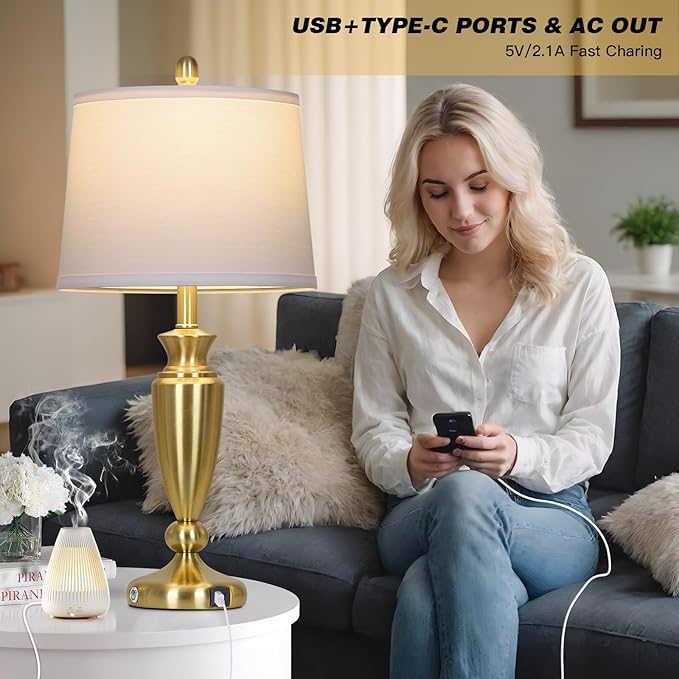 27" Gold Table Lamp Single, Touch Control Modern Bedroom Lamp with USB A+C Ports, 3-Way Metal Bedside Lamp, Elegant Brass Table Lamp for Night Stand Desk Side Table Office (Bulb Inclued) - Bloomnest