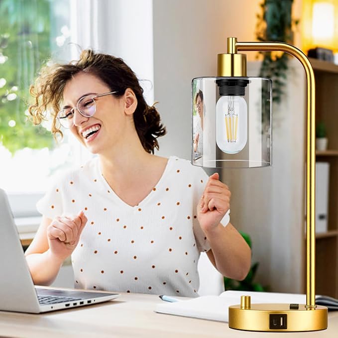 Set of 2 Industrial Table Lamps with USB Port, Gold Fully Stepless Dimmable Bedside Lamps for bedrooms, Nightstand Desk Lamp with Clear Glass Shade for Reading Living Room Office 2 LED Bulb - Bloomnest