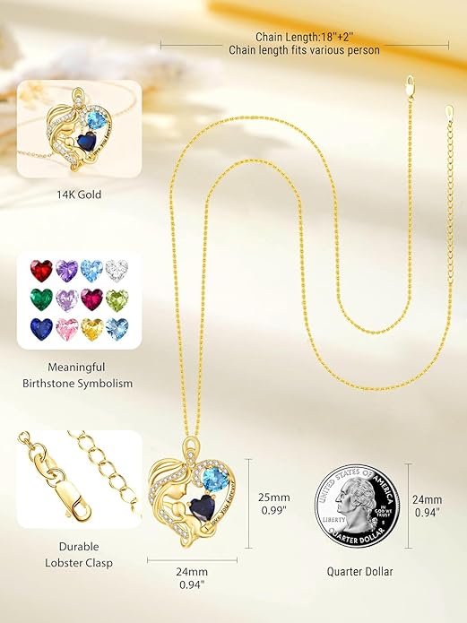 14K Gold Double Birthstone Heart Necklace for Women Mom, Mother Son/Daughter Pendant Necklace for Christmas Mother's Day Birthday Gifts for Wife Daughter Grandmom - Bloomnest