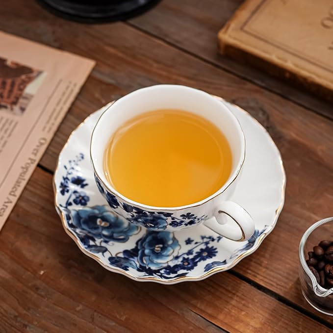 Tea Cup and Saucers, 6.4oz Floral Tea Cups with Gold Trim, Porcelain Bone China Teacup, Coffee Cappuccino Espresso Latte Mugs for Party Birthday,Christmas Gift (White with blue flower) - Bloomnest