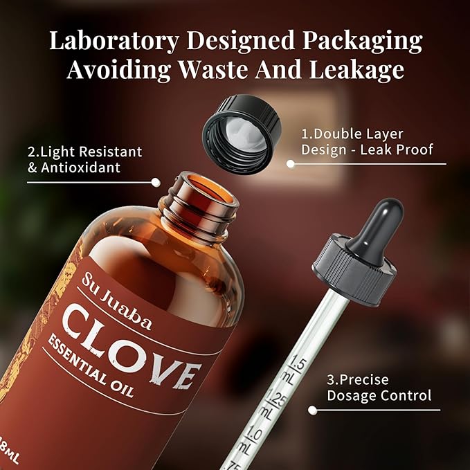 SU JUABA Clove Essential Oil 4 Oz, 100% Pure & Natural Aromatherapy Oil for Oral Care, Teeth & Gums, Diffuser, Skin, Hair - 118ML Bloomnest