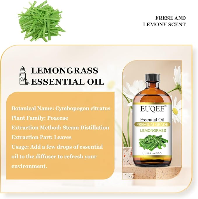 EUQEE Lemongrass Essential Oil 118ml Premium Lemongrass Oil with Glass Dropper, Great for Diffuser, Candle Making - 4Fl. Oz - Bloomnest