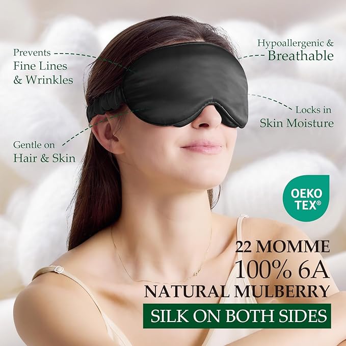 100% 22 Momme Mulberry Silk Sleep Mask with Adjustable Strap, 3D Contoured Cup Silk Eye Mask for Sleeping, Total Black Out, Black - Bloomnest