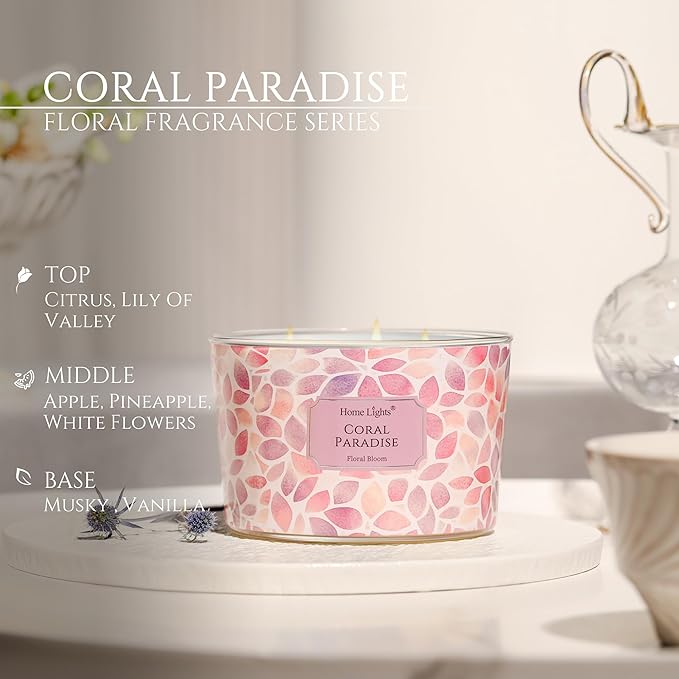 HomeLights Coral Paradise Scented Candles | 18oz Soy Candles Bohemian Natural Textures 4-Wick Large Candle Jars | Ideal Candle Gifts for Events, Home Decor Stress, Relief & Relaxation - Bloomnest