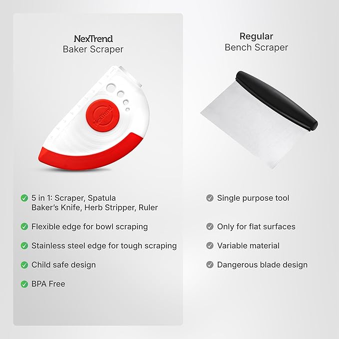 Nextrend BakerScraper – 5-in-1 Flexible Bowl Scraper, Bench Scraper and Dough Scraper with Stainless Steel Edge, Ruler & Herb Stripper – BPA Free, Dishwasher Safe - Red - Bloomnest