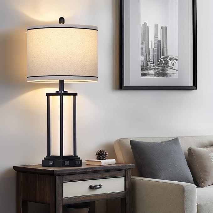 27" Tall Vintage Table Lamp with USB C+A & Outlet,Black Industrial End Table Lamp for Living Room,Farmhouse Rustic Bedside Lamp with Frosted Glass Night Light for Bedroom Nightstand,Black-1P - Bloomnest
