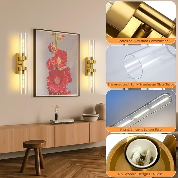 Rechargeable Wall Sconces Set of Two with Remote, Gold Battery Operated Wall Sconce with Clear Glass, Sconces Wall Decor Set of 2 Wall Light Fixtures for Bedroom Bathroom Mirror Living Room - Bloomnest