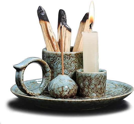 4 in 1 Ceramic Incense Burner Holder with Handle for Burning Sage, Palo Santo Stick, Joss Sticks, Candle in Your New House, Office, Yoga, Meditation Room (Speckled Blue) - Bloomnest