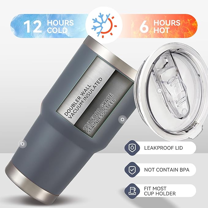 30 oz Tumbler with Lid Stainless Steel Tumblers Bulk Vacuum Insulated Cup Reusable Powder Coated Travel Mug Double Wall Leak Proof Cups Keep Cold Drinks for 12 Hours Gray, Set of 4