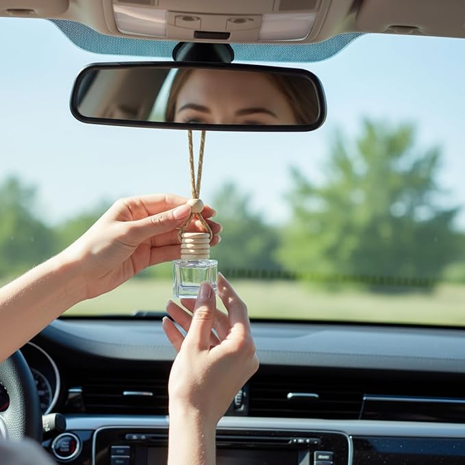 Boao 25 Sets Hanging Car Air Freshener Diffuser Bottles Empty Bulk with Car Diffuser Instruction Cards Organza Bags Glass Refillable Essential Oil Fragrance Aromatherapy Pendant (Flat Square,Clear) - Bloomnest
