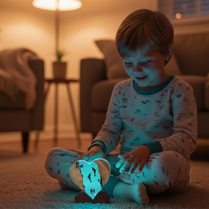 Handmade 3D Ocean Resin Lamp, Epoxy Ocean Night Light with Wooden Base, LED Color Changing Table Lamp, USB Powered Dragons Decor, Unique Ocean Gift for Bedroom & Home Office (Heart Shape) - Bloomnest