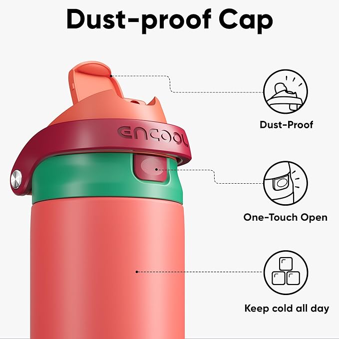ENCOOL Leakproof Insulated Water Bottle with Straw Dual-Sip Water Bottle Bag-Safe Design for Work, Commute & Gym – Keeps Drinks Cold All Day, 32 oz, Coral Red ENCOOL