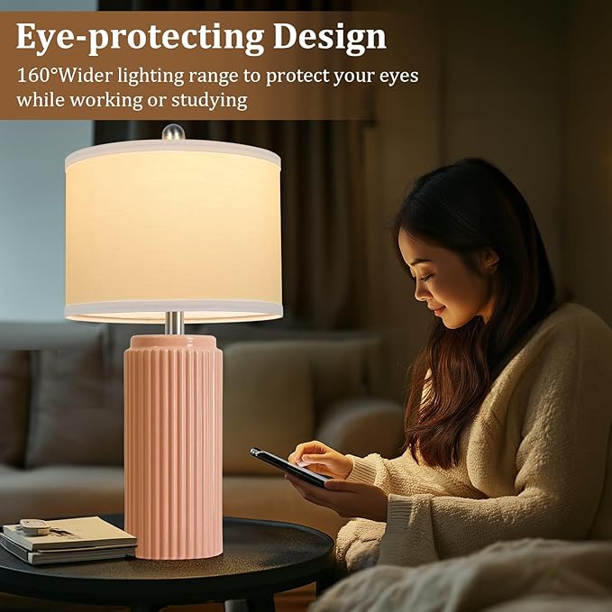 23.5’’ Orange Table Lamps for Bedroom Set of 2, Modern Ceramic Nightstand Lamps for Living Room, Retro Lamps with White Shade Set for Home Office End Table, Farmhouse Bedside Lamps for End Table Dorm - Bloomnest