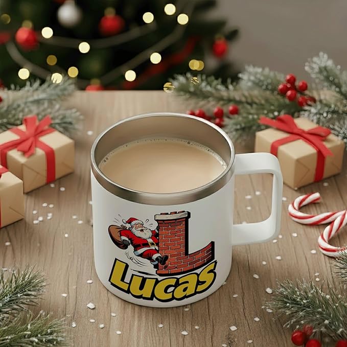 JugJug Personalized Christmas Mug with Initial & Name - Funny Santa Climbing Chimney 12oz Insulated Coffee Cup with Lid - Xmas Gifts for Kids, Boys (B157) - Bloomnest