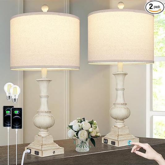 26" Farmhouse Table Lamps Set of 2, Rustic Touch Control Bedside Lamps with 2 USB Ports & AC Outlet, Vintage White Resin 3-Way Dimmable Nightstand Lamp Linen Fabric Shade for Living Room Bedroom Decor - Bloomnest