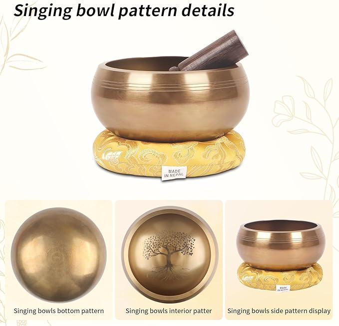 Kmise Tibetan Singing Bowls Set- Handmade in Nepal Meditation Sound Bowls for Yoga, Meditation, Mindfulness, Healing and Chakra Balancing, Stress Relief (5', World Tree) - Bloomnest