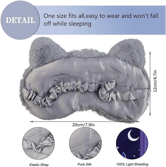 Cute Sleep Masks - Cartoon Animal Cat Eye Mask, Plush Sleeping Mask & Travel Blindfold - Funny Kitten Eye Shade for Kids, Girls & Adults (Grey Cat) - Bloomnest
