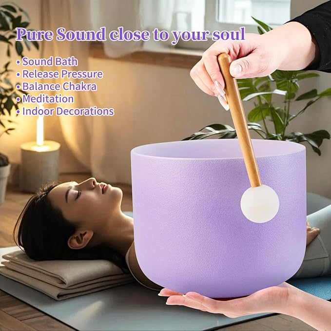 432HZ 6-12 Inch Purple Color Frosted Quartz Crystal Singing Bowls Chakra Set of 7 with Carry Case Bags for Sound Healing and Meditation