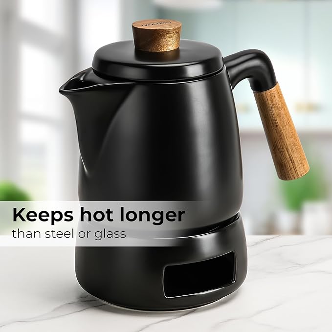 MIAMIO - Teapot Set with Warmer / 34 oz Tea Kettle with Infuser for Steeping Loose Tea Leaves - Gift for Women/Tea Lovers (Black) - Bloomnest
