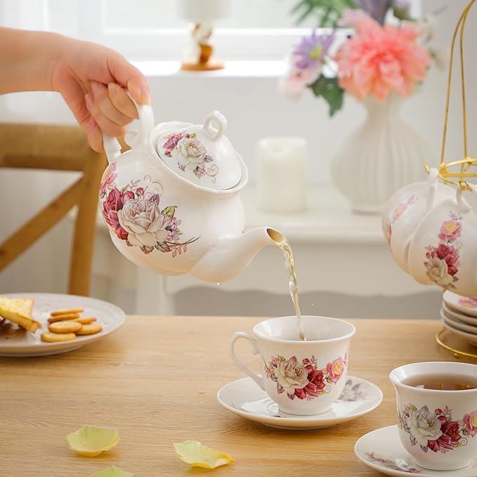 20-Pieces Porcelain Bone china Tea Sets,Gold Rim Coffee Set with Golden Metal Rack,Tea Gift Sets for Home&Party(003) - Bloomnest