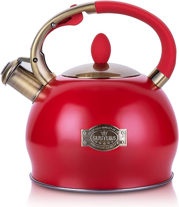 SUSTEAS Stove Top Whistling Tea Kettle - Food Grade Stainless Steel Teakettle Teapot with Cool Touch Ergonomic Handle, With 1 Silicone Pinch Mitt Included, 2.64 Quart(RED) - Bloomnest