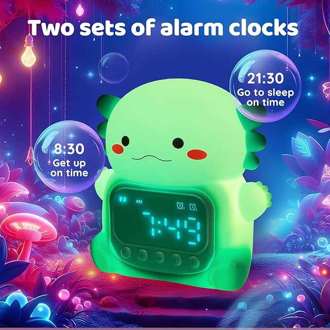 Axolotl Alarm Clock with Night Light for Kids, Rechargeable Silicone Lamp Time to Wake Clock Cute Animal Tabletop Lamp, Perfect Sleep Companion for Boys Girls, Green - Bloomnest